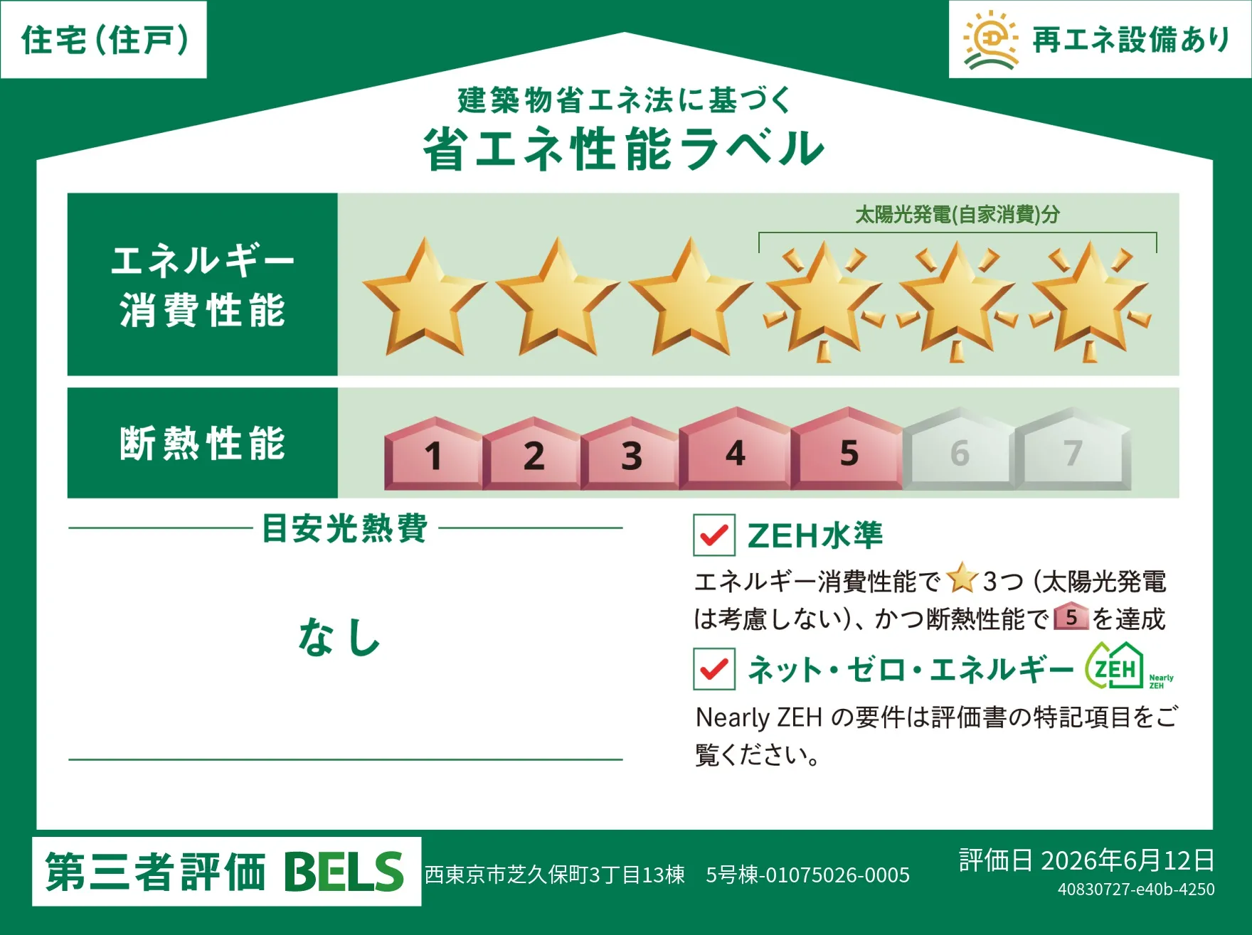 【ブルーミングガーデン 西東京市花小金井田無芝久保町全13棟 5号棟】省エネ性能ラベル